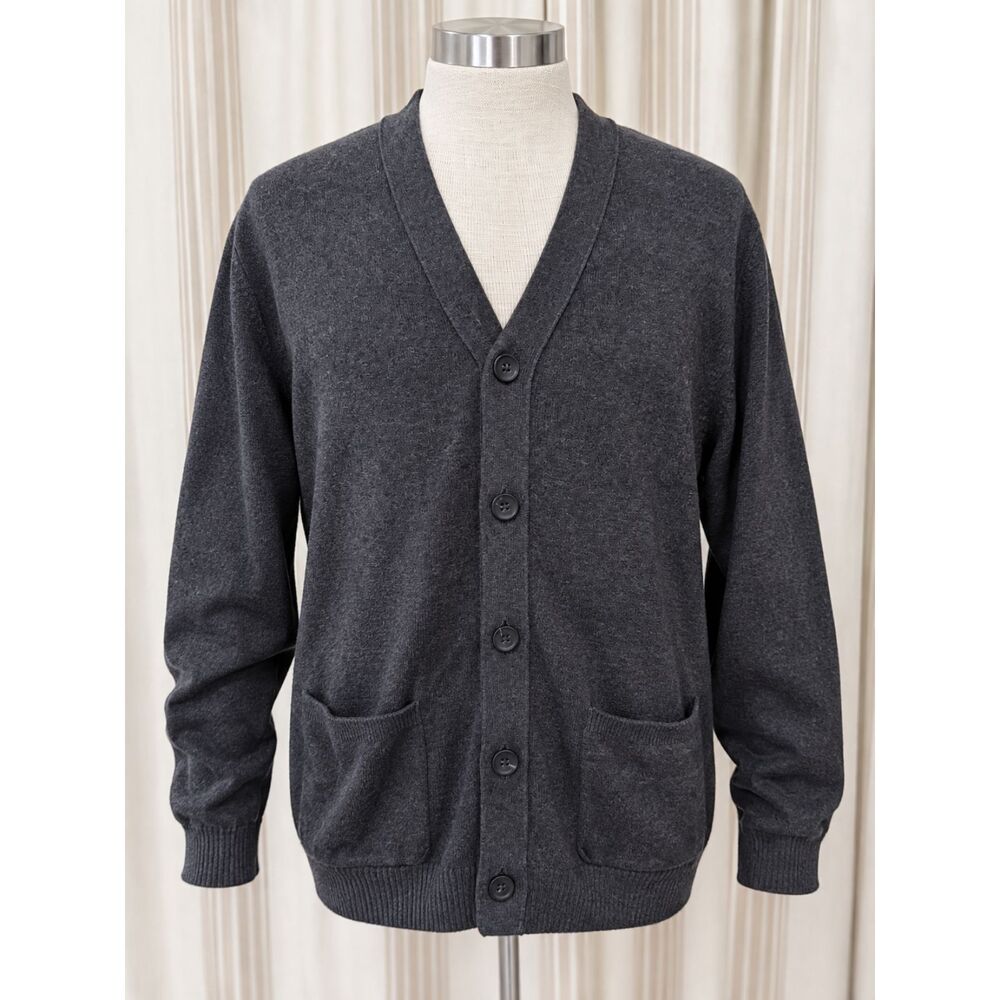 Charcoal Gray Cotton Grandpa Cardigan XL Button Front Pockets